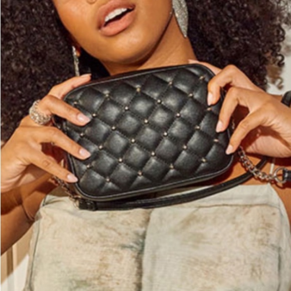 REBECCA MINKOFF Black Faux Leather Quilted Studded Crossbody Bag